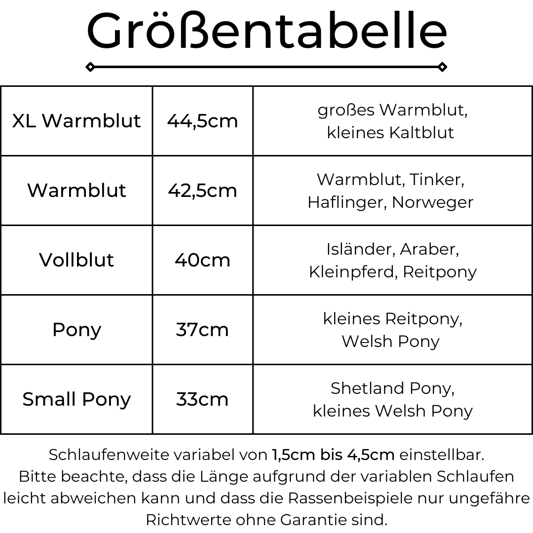 Eine Größentabelle mit Angaben für XL Warmblut, Warmblut, Vollblut, Pony und Small Pony.