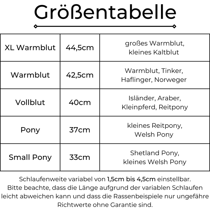 Eine Größentabelle mit Angaben für XL Warmblut, Warmblut, Vollblut, Pony und Small Pony.