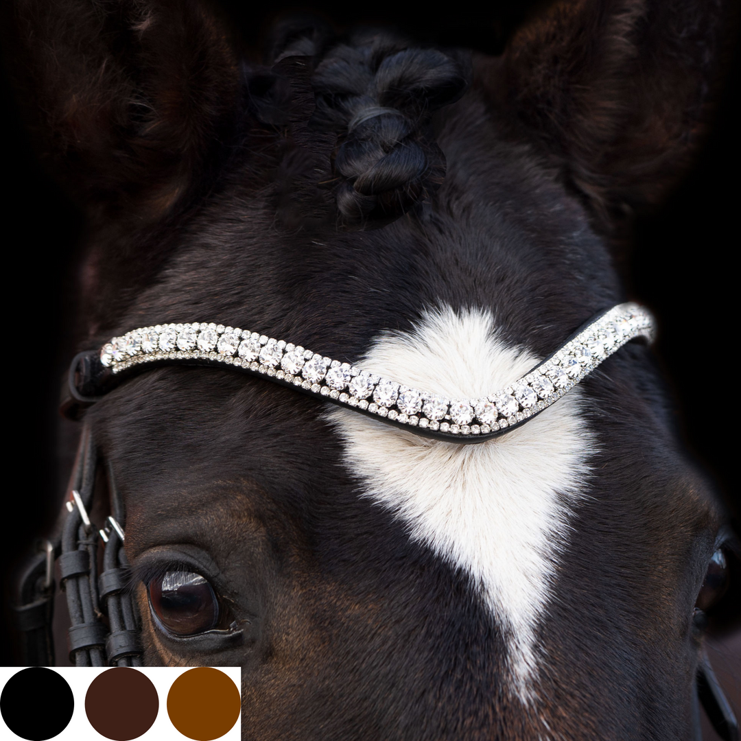 Ein brauner Pferdekopf, geschmückt durch einen glanzvollen Stirnriemen mit silbernen Glassteinen der Marke Preciosa auf braunem Qualitätsleder, pflanzlich gegerbt, ohne Chemikalien. Farbtafel für schwarz, braun und cognac.